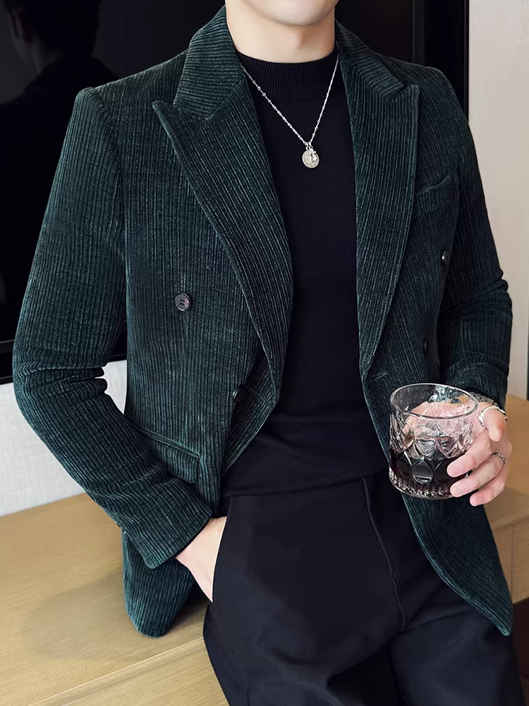 Áo blazer nam chất liệu nhung tăm, dáng hai hàng khuy, kẻ sọc, kiểu dáng ôm body, dễ chăm sóc, bộ vest công sở mới mùa thu 2025