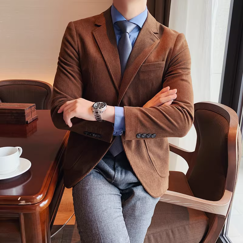 Áo blazer nam chất liệu corduroy, mùa thu đông, dày dặn, thời trang, hợp xu hướng, kiểu dáng sọc cá tính, dáng ôm, đơn hàng khuy.