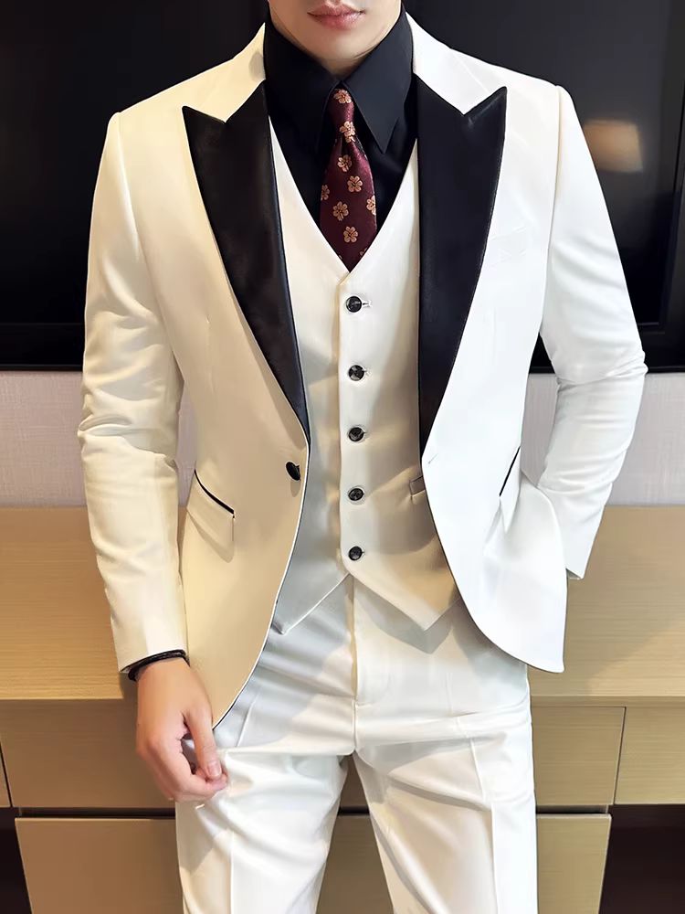 Bộ đồ cao cấp bộ đồ nam công sở thường ngày váy cưới chú rể kiểu Anh dáng ôm vừa vặn trang phục trang trọng bộ đồ màu trắng bộ đồ ba mảnh