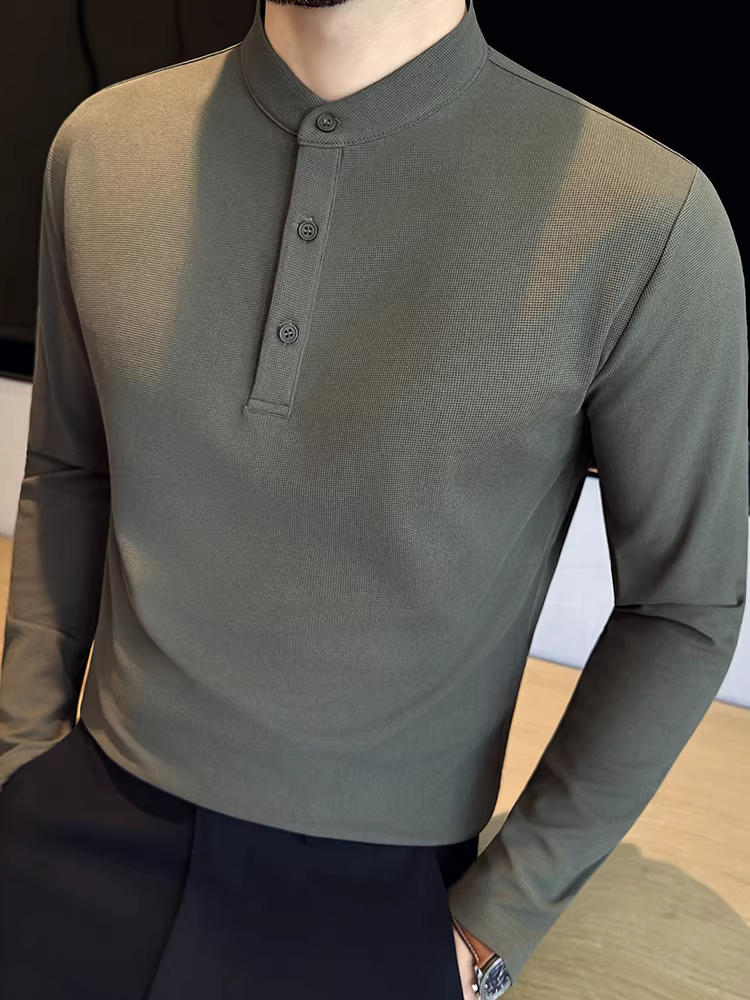 Áo thun cổ Henry kiểu Trung Quốc mới dành cho nam, tay dài, thời trang thu đông 2025, kiểu dáng ôm body, đa năng, cổ tròn