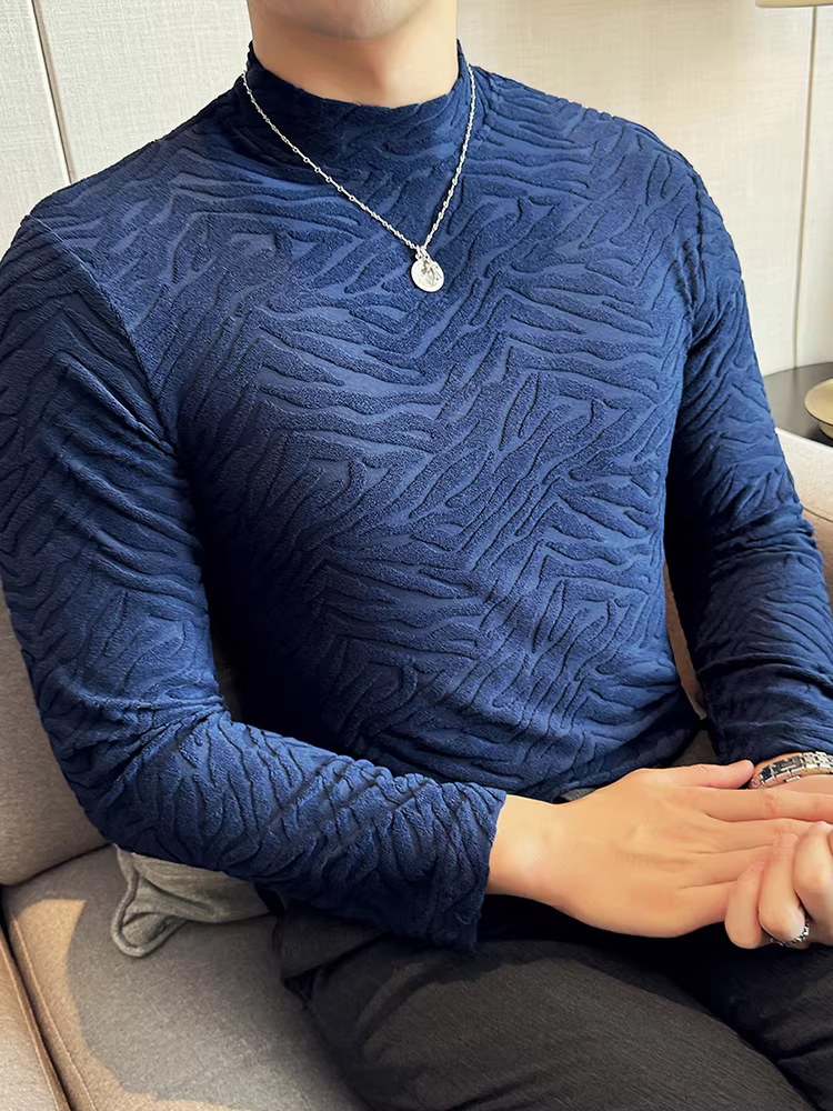 Áo sơ mi nam cổ cao nửa cổ bằng nhung dày in hình hổ, áo thun dài tay, áo thun cổ trung cao cấp ôm vừa vặn mùa thu đông.