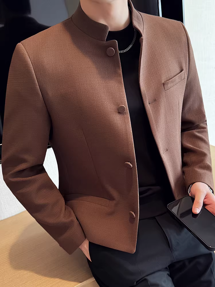 Áo khoác ngắn cổ đứng phong cách Chanel dành cho nam, thời trang thu đông 2025 mới, kiểu dáng hiện đại, đa năng, lịch lãm, ôm dáng.