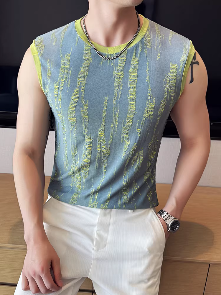 Áo gile nam không tay cổ tròn thiết kế rách cá tính, thời trang hè 2025 đa năng