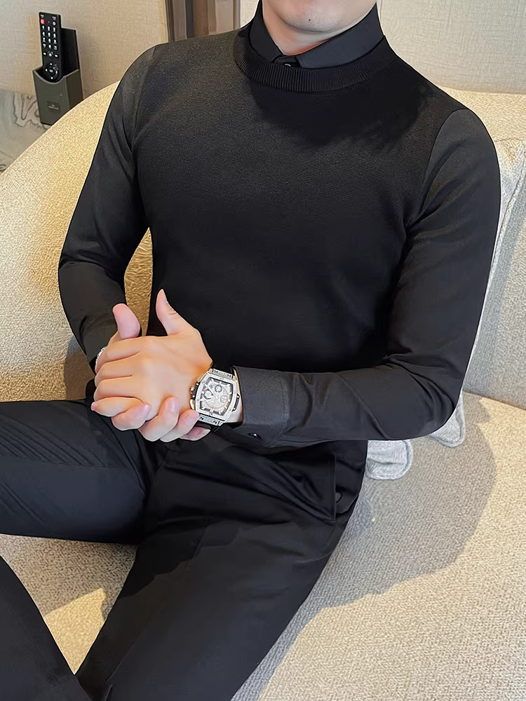 Áo len nam dài tay có cổ áo sơ mi, thiết kế giả hai mảnh, lót lông cừu mùa thu đông, dày dặn, áo sơ mi dệt kim dáng ôm vừa vặn, thời trang, lịch sự dành cho doanh nhân.