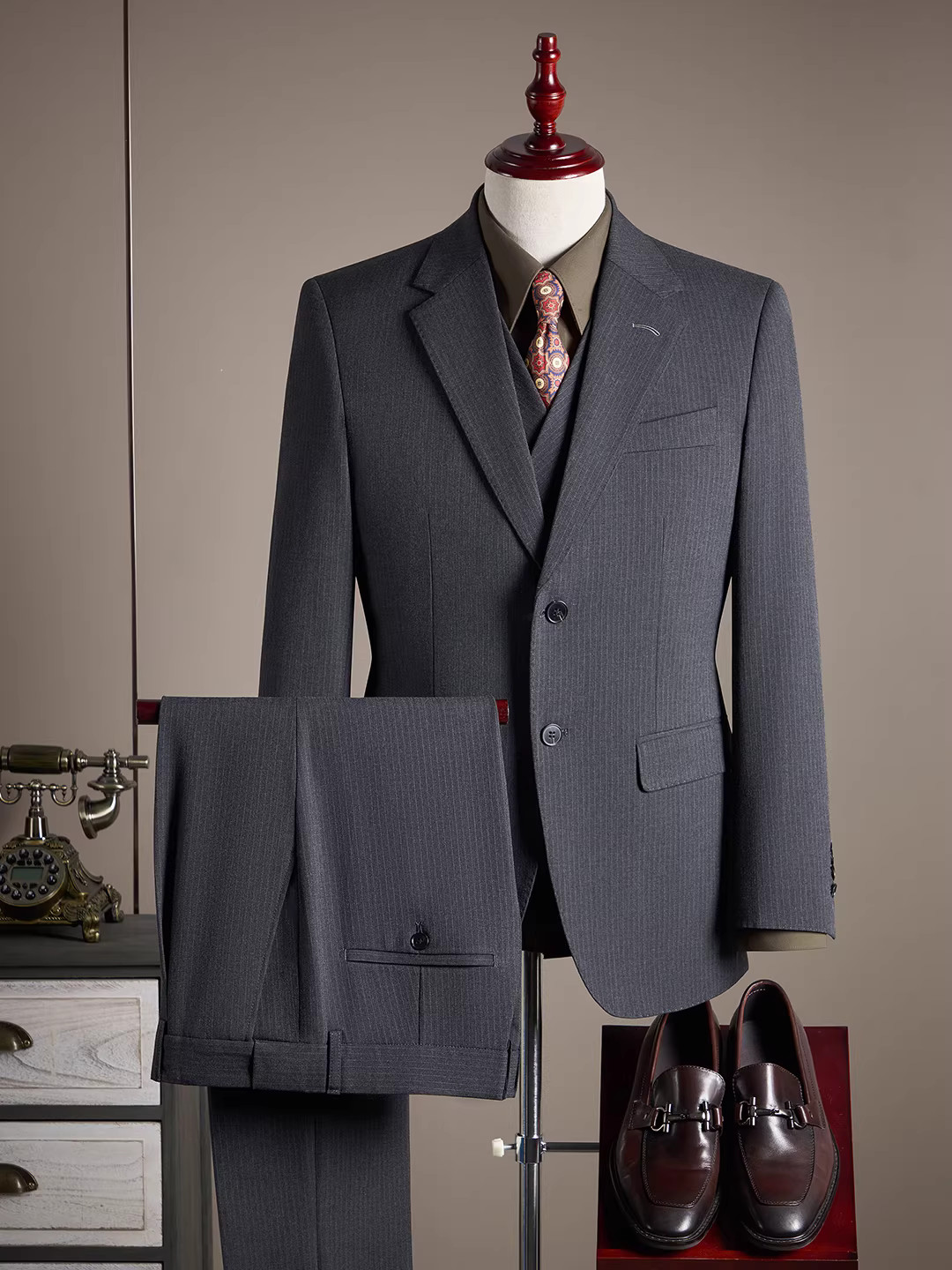 Bộ vest nam kiểu Ý, phối hạt cườm, sọc, cao cấp, lịch lãm, size lớn, bộ ba mảnh lịch sự.