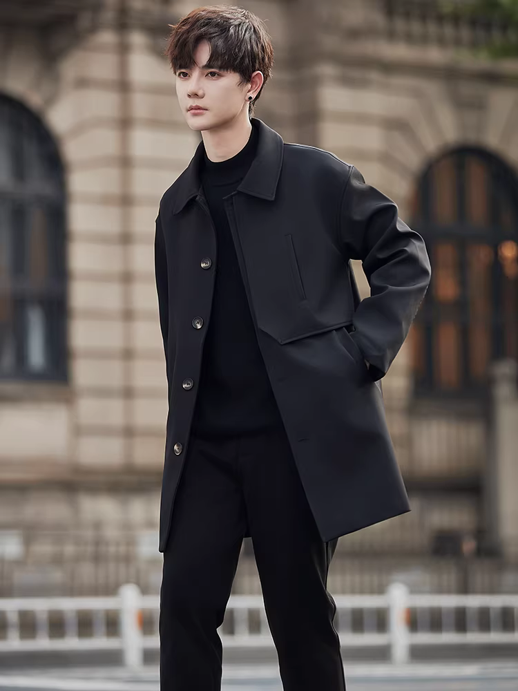 Áo khoác dài trung bình dành cho nam, xu hướng thời trang xuân thu, áo khoác có cổ màu trơn đa năng, dáng rộng, cao cấp