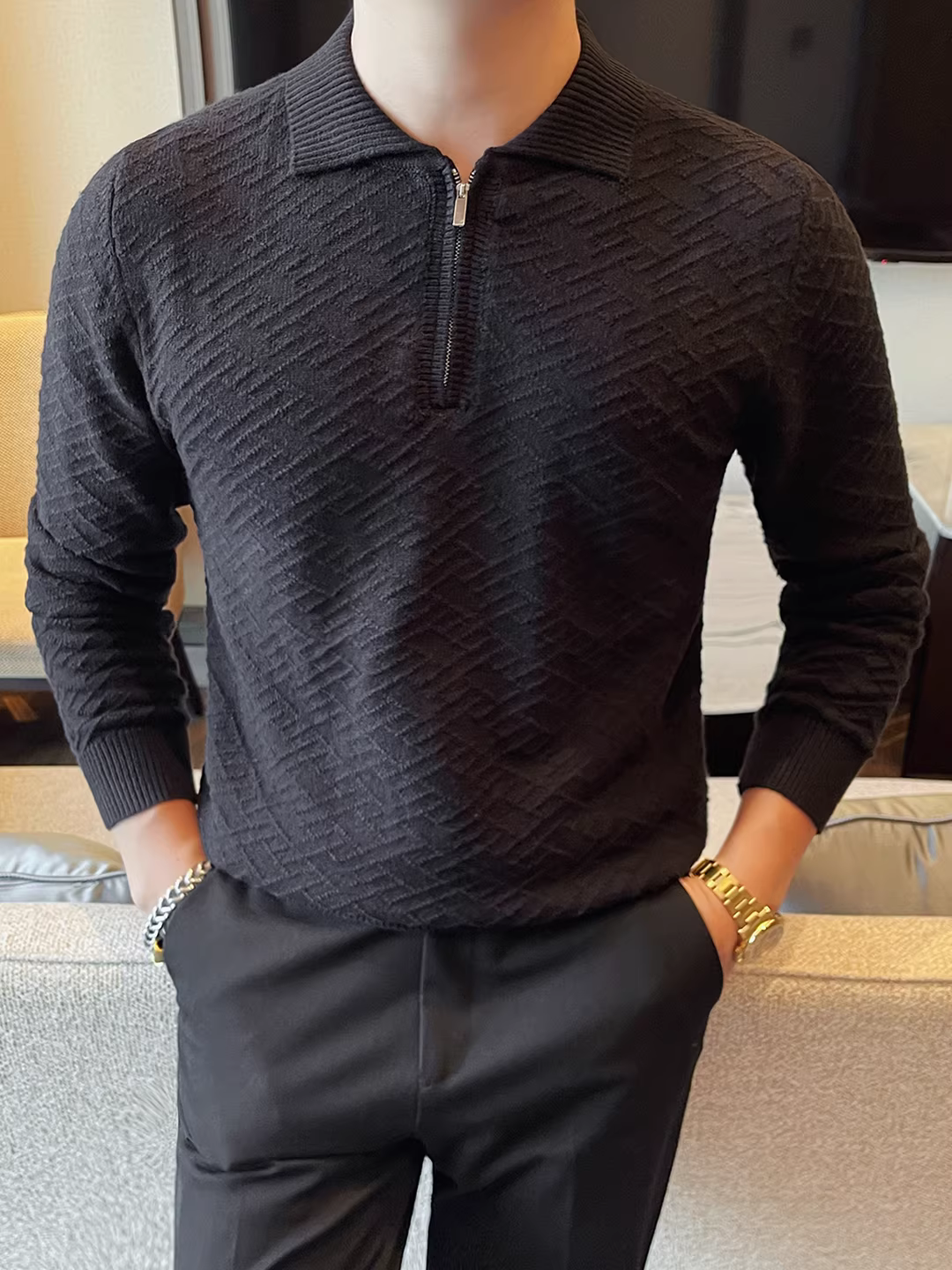 Áo len nam cổ lọ nửa khóa kéo, tay dài, dày dặn cho mùa thu đông, dáng rộng, đa năng, thời trang, hợp xu hướng, áo thun dệt kim thông thường.