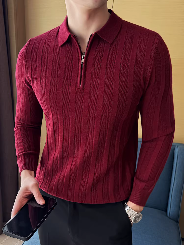 Áo len nam cổ lọ nửa khóa kéo, tay dài, kiểu mới thu đông 2025, cao cấp, ôm dáng, áo thun polo dệt kim thời thượng.