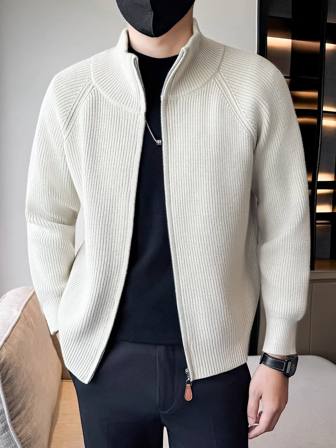 Áo khoác cardigan dệt kim cổ đứng nam thu đông mới, đa năng, thời trang, hợp xu hướng, đẹp trai, áo khoác ngoài cao cấp