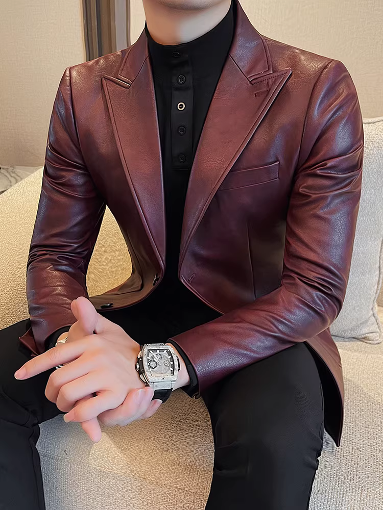 Áo khoác da nam màu nhuộm, thời trang xuân thu mới, hợp xu hướng, dáng ôm, phong cách, vest công sở lịch lãm.
