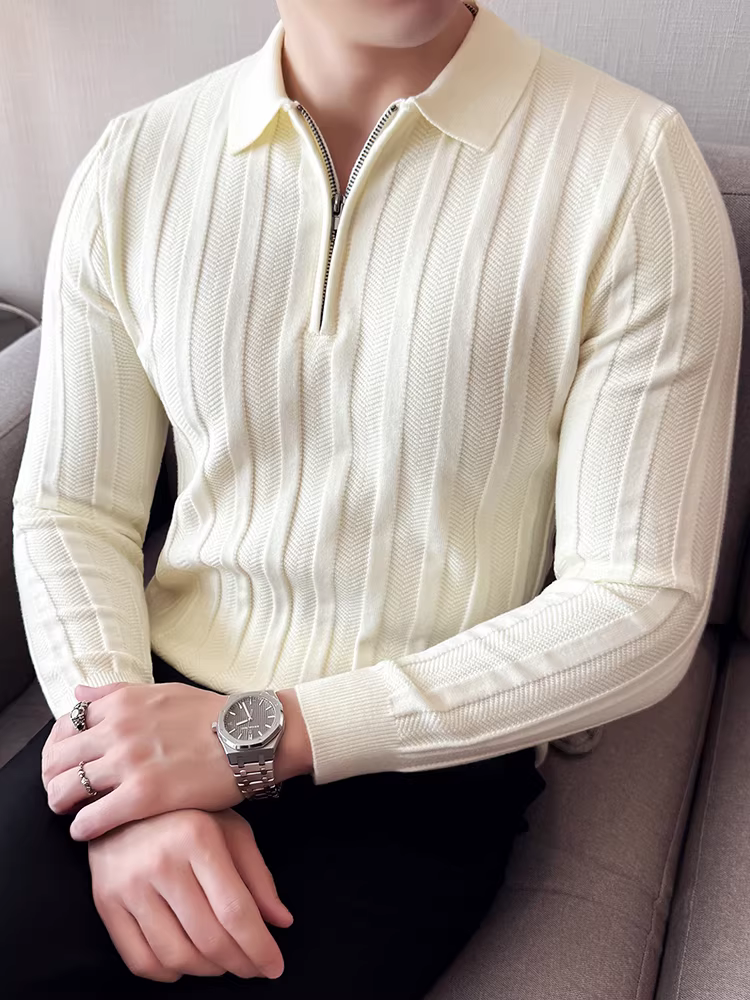 Áo len nam cổ lọ nửa khóa kéo, tay dài, kiểu mới thu đông 2025, cao cấp, ôm dáng, áo thun polo dệt kim thời thượng.