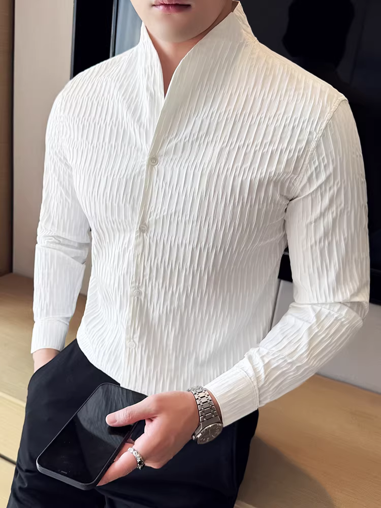 Áo sơ mi cổ điển kiểu Trung Hoa dành cho nam, tay dài, xuân thu 2025, thời trang lịch lãm, hợp xu hướng, dáng ôm, phong cách công sở lịch sự.