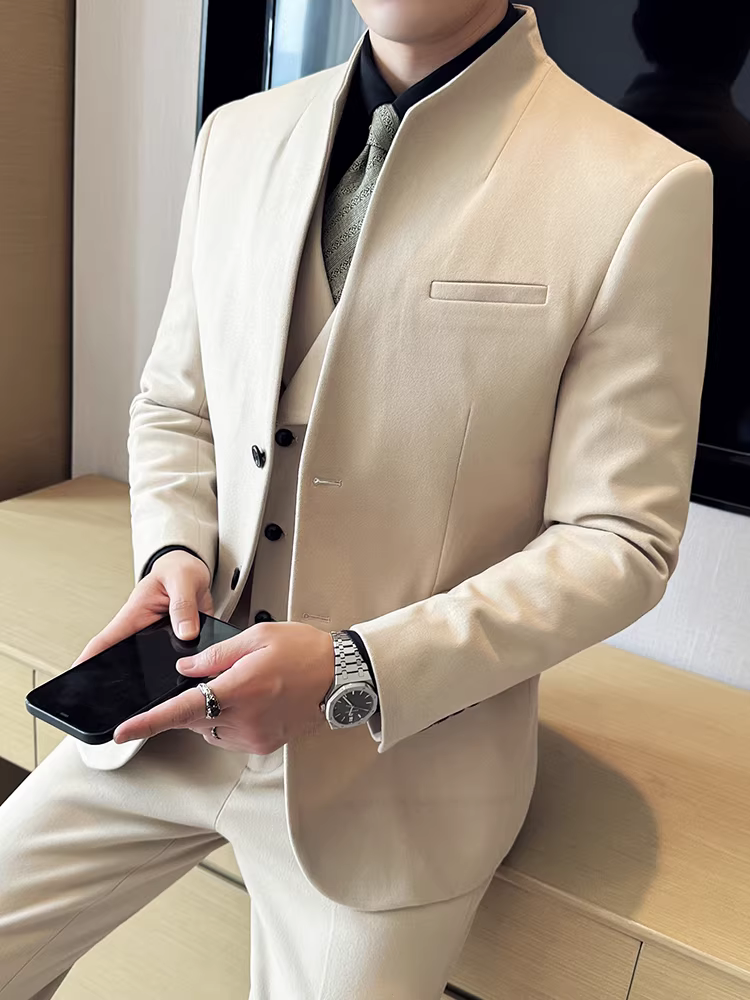 Bộ vest len cổ đứng kiểu Trung Quốc mới dành cho nam, bộ ba món vest công sở thường ngày mùa thu đông dành cho chú rể đám cưới, kiểu dáng ôm sát