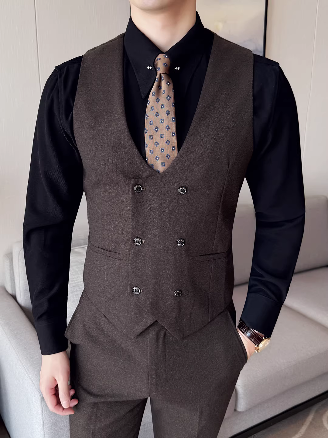 Bộ vest vest đôi dành cho nam, dáng ôm, sành điệu, phong cách Hàn Quốc, hợp thời trang, cao cấp, trang phục công sở, vest vest, áo ghi lê