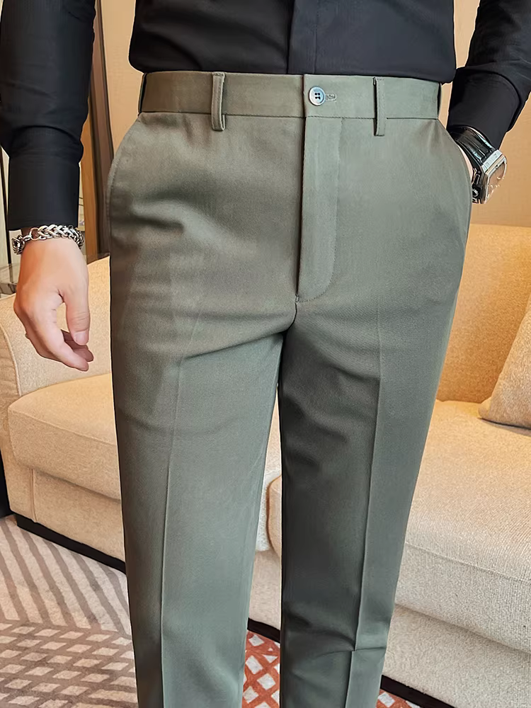 Quần âu nam kiểu dáng mới mùa xuân thu, chất liệu trơn màu, đa năng, thời trang, ôm dáng, ống côn, lưng thun.