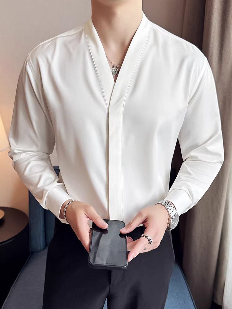 Áo sơ mi nam dài tay, thiết kế cổ trụ và khuy cài ẩn, kiểu dáng Hàn Quốc, ôm body, đa năng, phong cách công sở lịch lãm, mẫu mới thu đông 2025