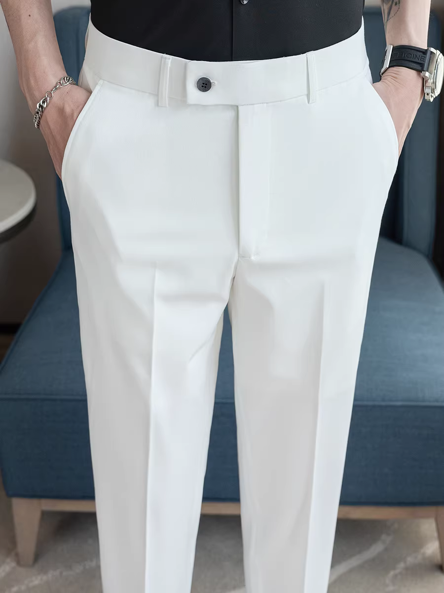 Quần âu nam mùa hè chất liệu mỏng, kiểu dáng chín phần, thoải mái, co giãn, màu trơn, đa năng, chất liệu mềm mại, ôm dáng, kiểu dáng thon gọn, thích hợp làm quần công sở.