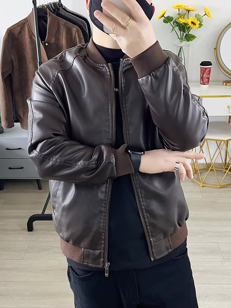 Áo khoác da cổ đứng nam, mẫu mới xuân 2025, thời trang hợp xu hướng, đa năng, kiểu áo khoác ngắn cổ bóng chày