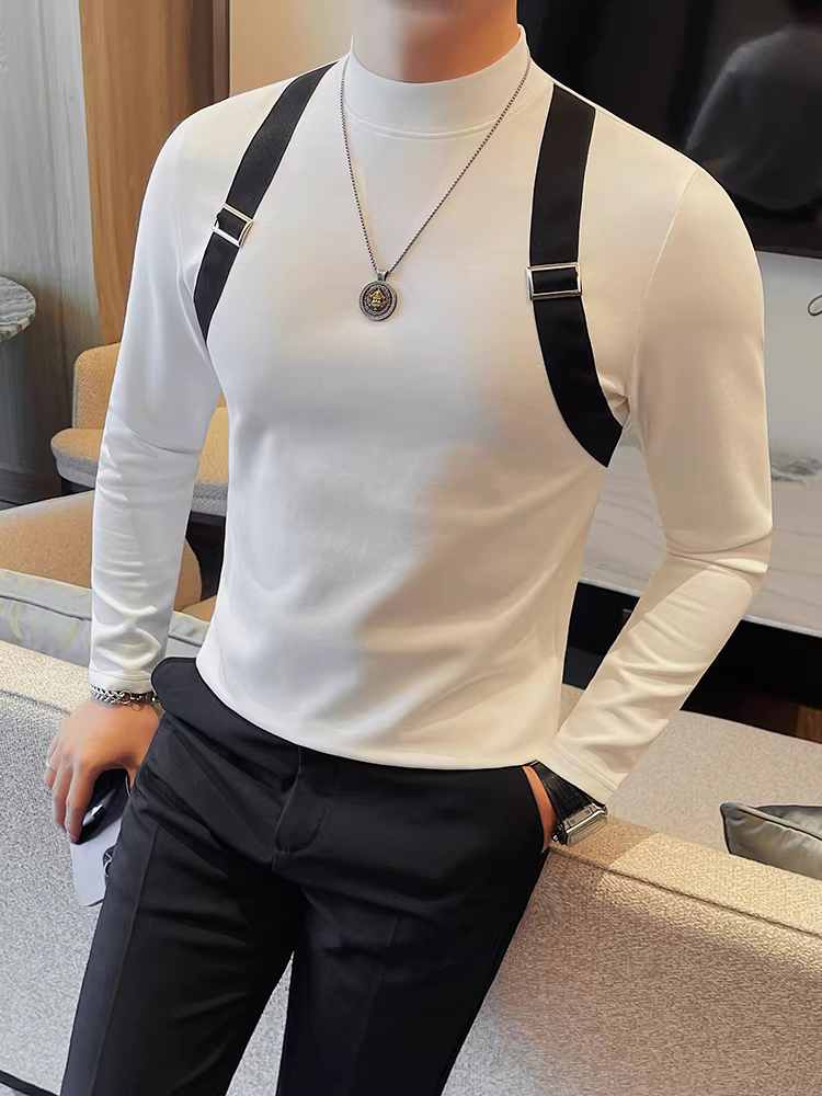 Áo thun nam tay dài cổ nửa cao thiết kế dây đeo, thời trang thu đông 2024 mới, kiểu dáng xu hướng, áo lót cổ trung bình phong cách thường ngày