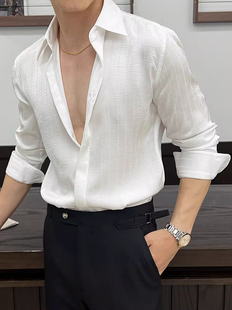 Áo sơ mi nam kẻ sọc xếp ly dáng dài tay mùa xuân 2025 thiết kế cao cấp mới phong cách thường ngày công sở dáng ôm