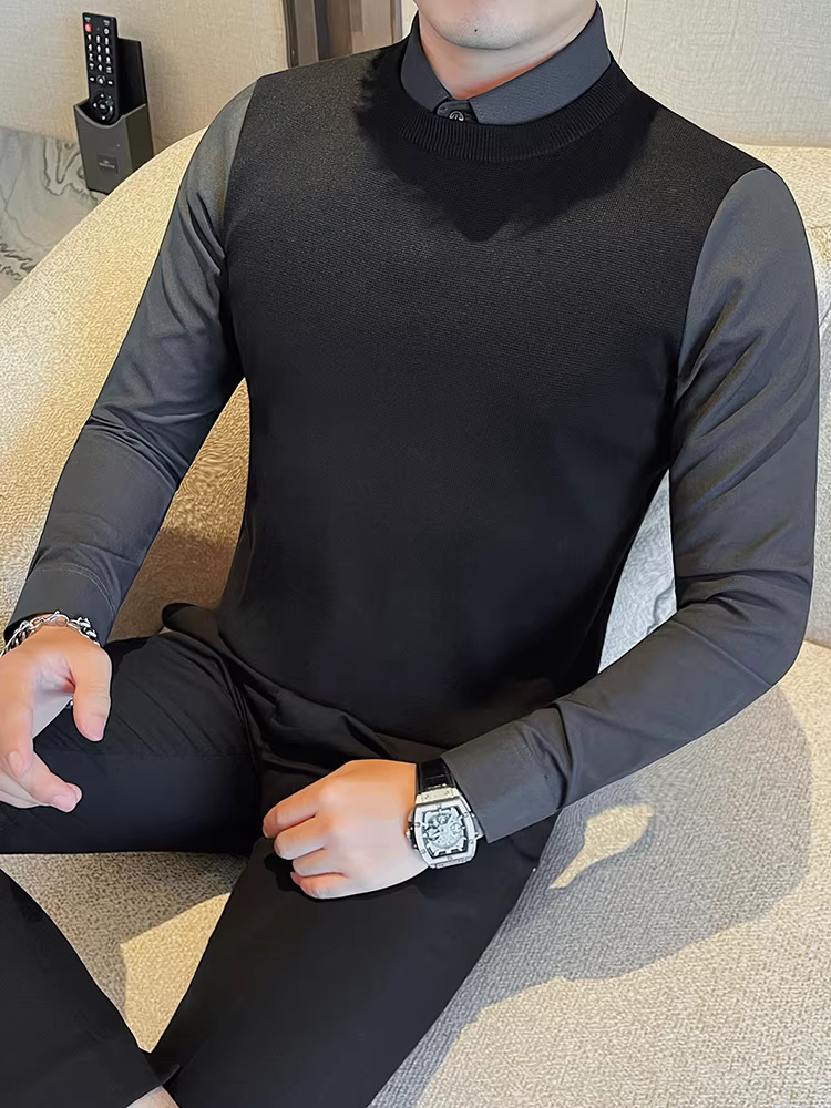 Áo len nam dài tay có cổ áo sơ mi, thiết kế giả hai mảnh, lót lông cừu mùa thu đông, dày dặn, áo sơ mi dệt kim dáng ôm vừa vặn, thời trang, lịch sự dành cho doanh nhân.