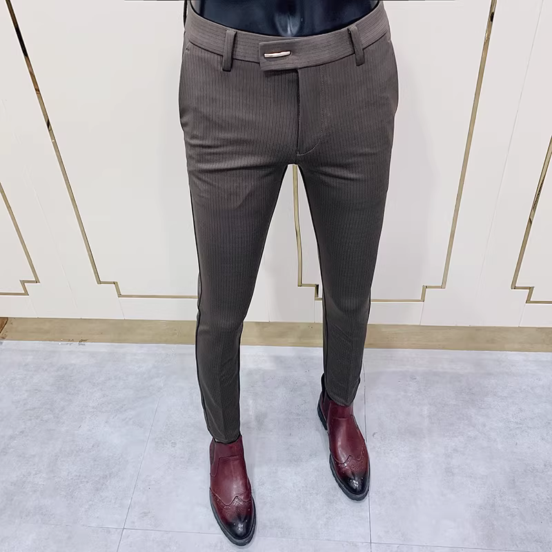 Quần âu nam chín phần, kiểu dáng mỏng mùa hè, quần âu sọc mỏng hợp thời trang Hàn Quốc, dáng ôm, ống côn, thời trang, không nhăn.