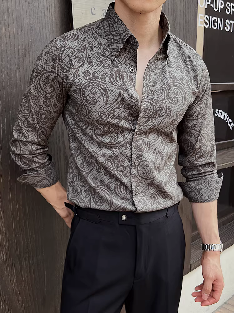 Áo sơ mi hoa đẹp trai cho nam, dài tay, phong cách mùa thu mới, thời trang và hợp thời trang, phong cách công sở giản dị, đa năng, áo sơ mi dáng rộng cho giới trẻ.