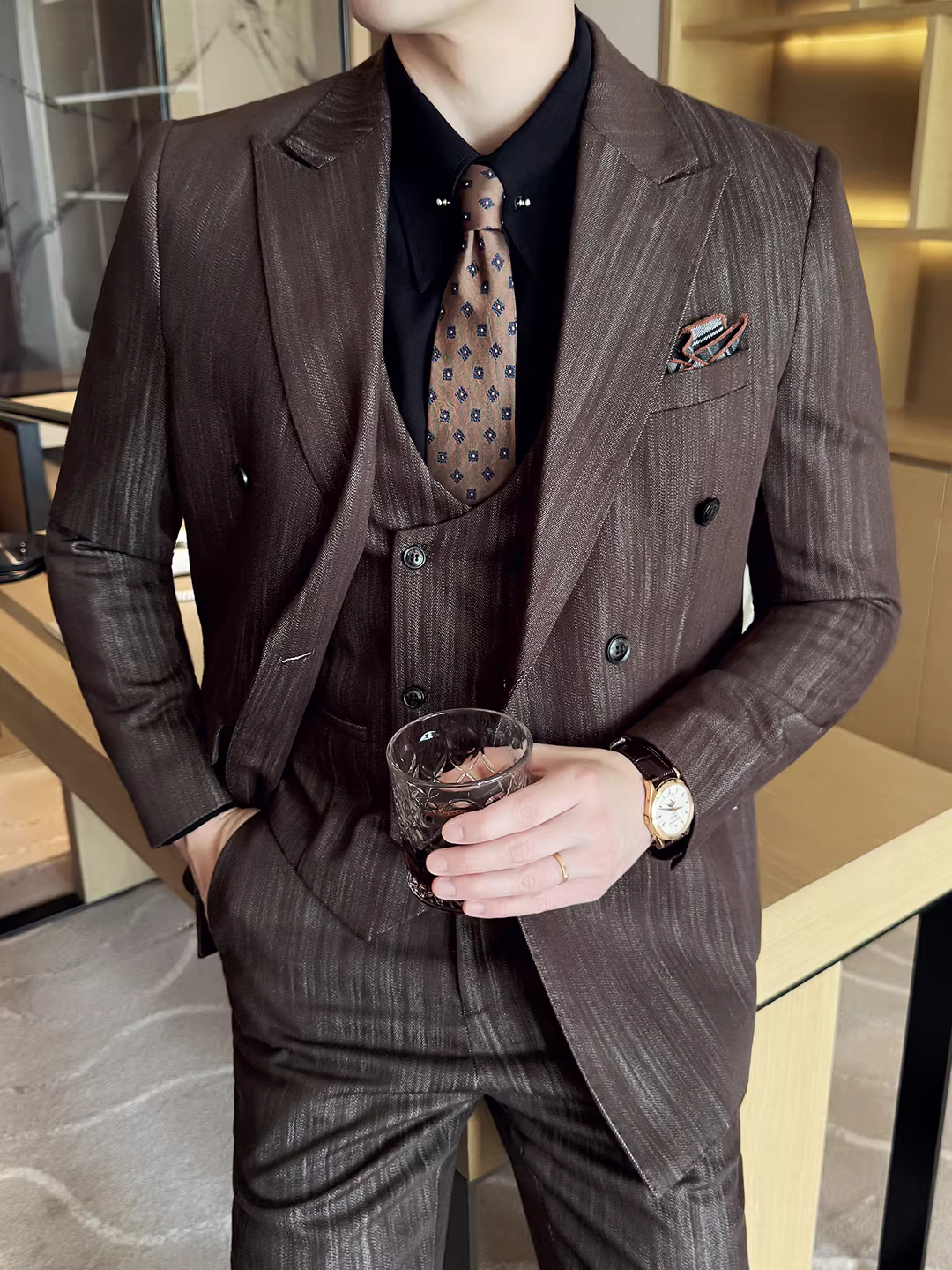 Bộ vest lyocell hai hàng khuy cho nam, trang phục công sở cao cấp, vest cưới phong cách Anh, bộ ba món