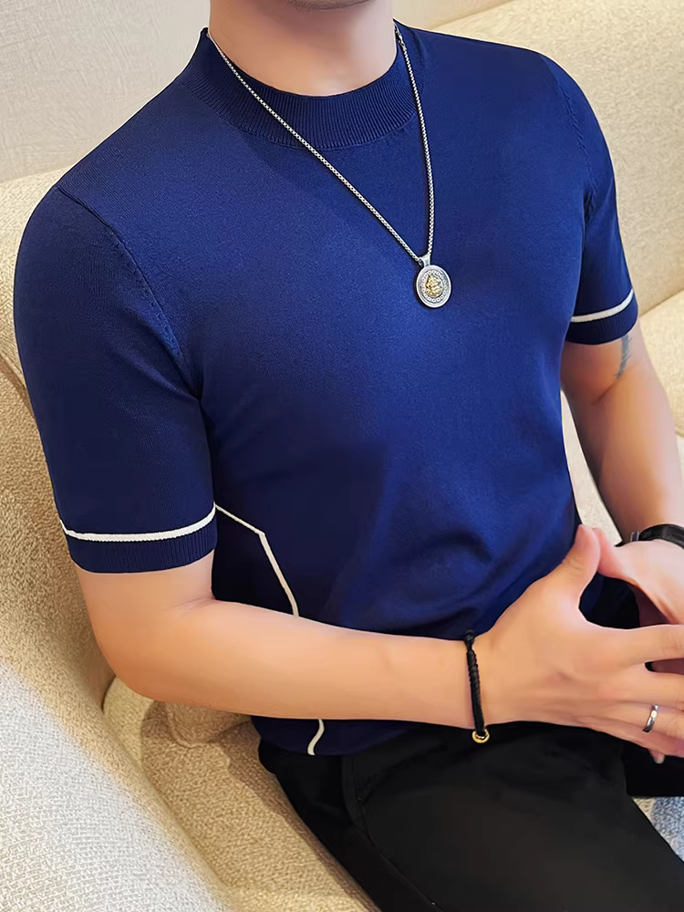 Áo thun nam ngắn tay dệt kim mỏng bằng lụa băng, mát mẻ và thoáng khí mùa hè, thân thiện với làn da, thoải mái, đa năng, ôm dáng, áo thun cao cấp