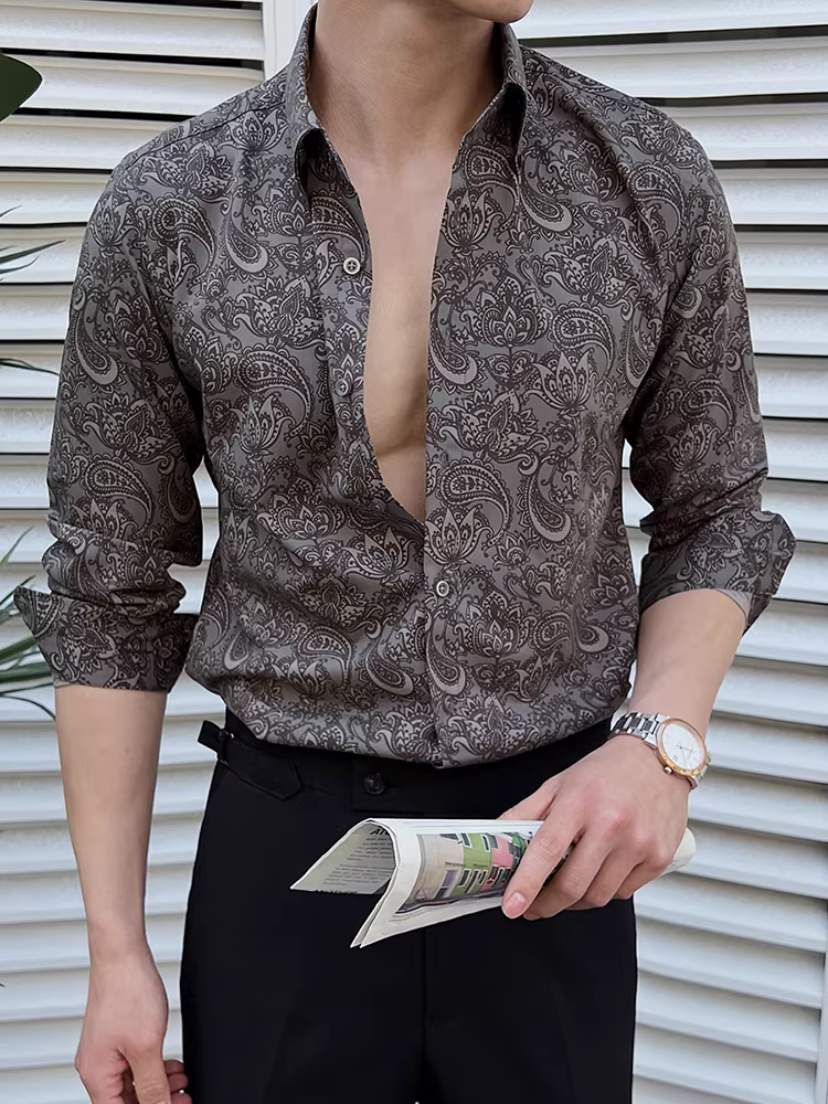 Áo sơ mi in họa tiết phong cách Anh cho nam, dài tay, cao cấp, lịch sự, đa năng, hợp thời trang, ôm dáng, đẹp trai, thời trang, áo sơ mi cá tính