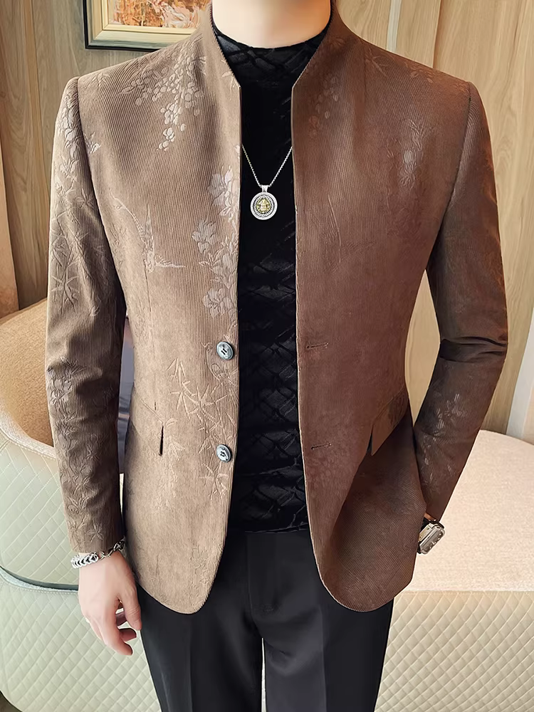 Áo blazer nam cổ đứng in họa tiết kiểu Trung Quốc mới, mẫu xuân thu 2025, thời trang cao cấp, dáng ôm, kiểu retro.