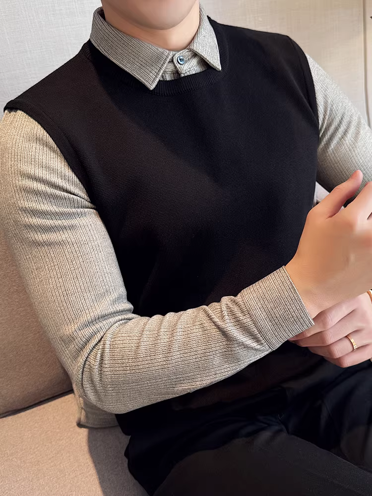 Áo len giả hai mảnh dành cho nam, dài tay, thu đông, dày dặn, ấm áp, cao cấp, phong cách công sở giản dị, áo sơ mi dệt kim phối màu.