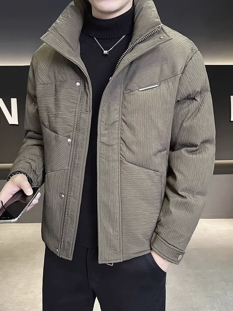 Áo khoác nam, kiểu dáng mùa đông mới, phong cách thời thượng cao cấp, cổ đứng, dáng ngắn, kiểu dáng giản dị, ấm áp và dày dặn