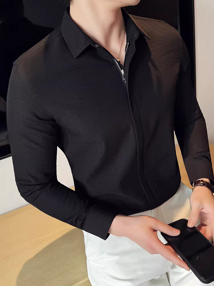 Áo sơ mi nam chất liệu cotton và lanh, thiết kế khóa kéo mỏng, tay dài, phong cách công sở lịch lãm, đa năng, co giãn và thoải mái.