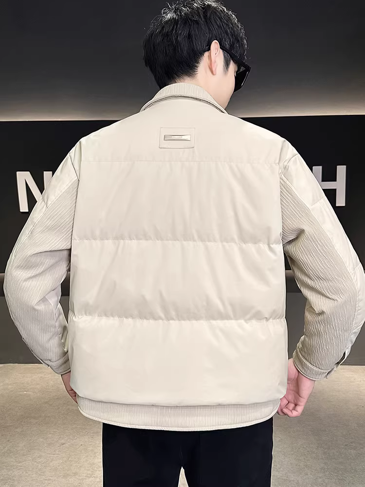 Áo khoác phao nhẹ cổ áo sơ mi phối chất lượng cao dành cho nam, kiểu mới mùa đông 2025, đa năng, nhẹ, ấm, kiểu ngắn.