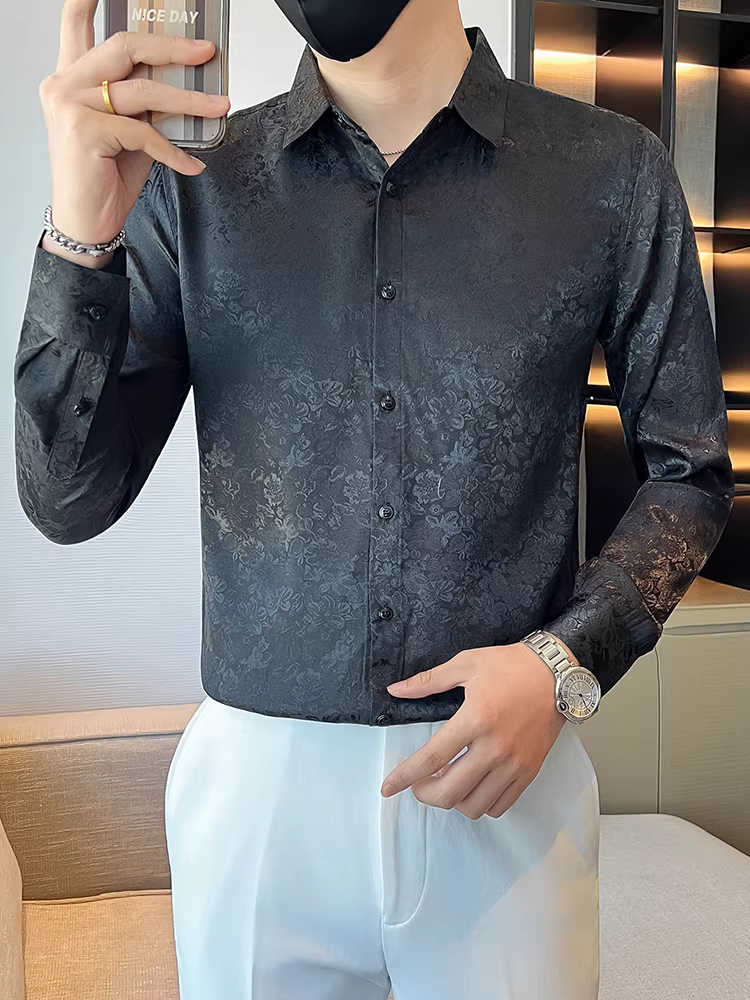 Áo sơ mi nam in họa tiết cổ điển tay dài mùa thu 2025 thời trang mới phong cách trẻ trung lịch lãm lịch sự dáng ôm