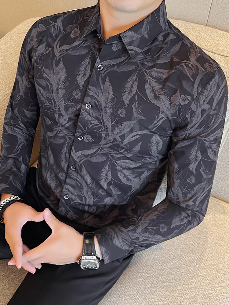 Áo sơ mi hoa phong cách retro dành cho nam, dài tay, giản dị, đa năng, thời trang, ôm dáng, cao cấp, dễ chăm sóc, chống nhăn, áo sơ mi công sở