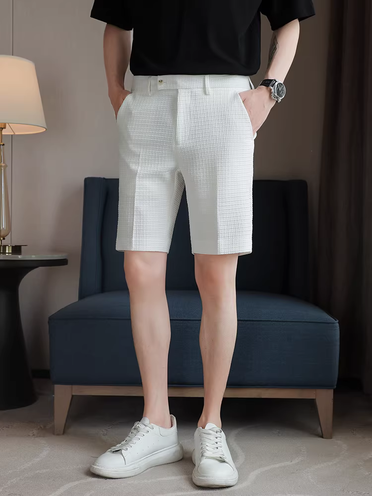 Quần short waffle nam, kiểu dáng mỏng mùa hè, quần tây công sở cao cấp, quần dài năm phần thời trang đa năng, lưng thun co giãn.