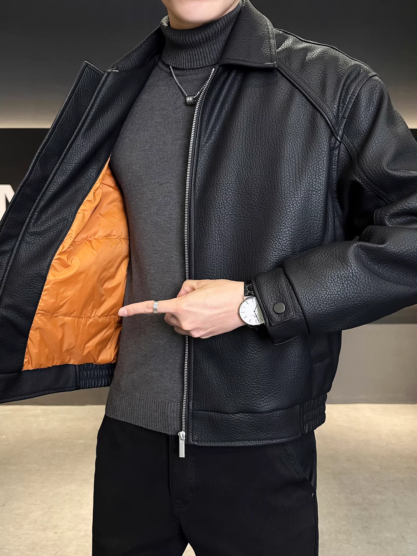 Áo khoác da nam cao cấp 90% da thật, kiểu dáng mới mùa đông 2025, cổ trụ, dáng ngắn, đa năng, dày dặn