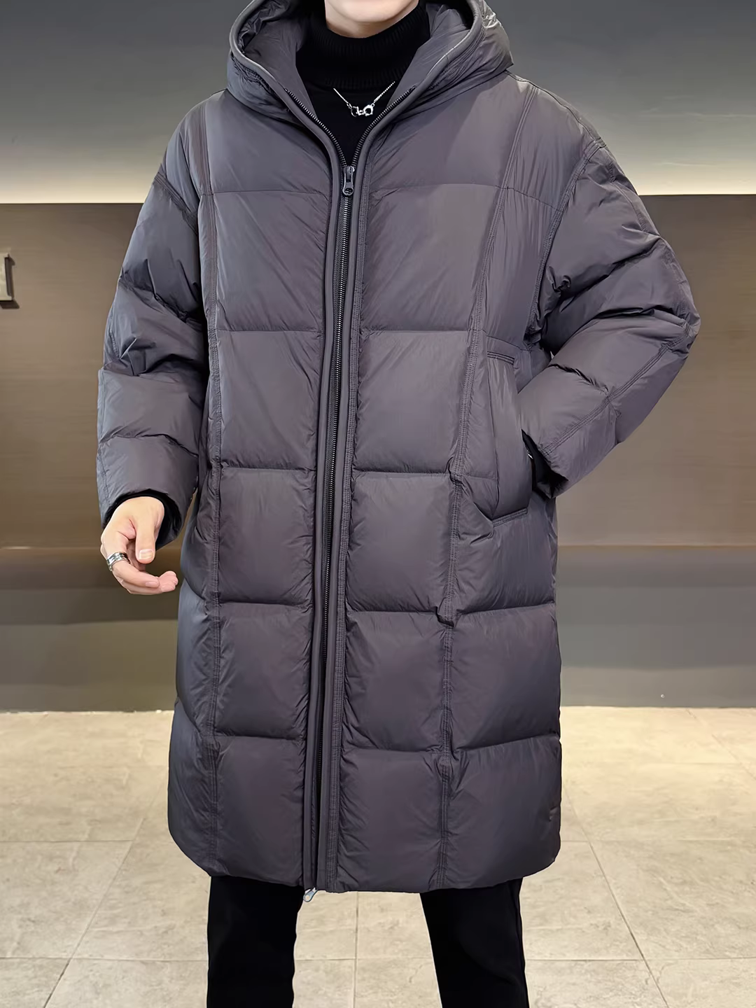 Áo khoác phao nam cao cấp 90% lông vũ, dáng dài trung bình, mẫu mới mùa đông 2025, độ dày cao, ấm áp và dày dặn