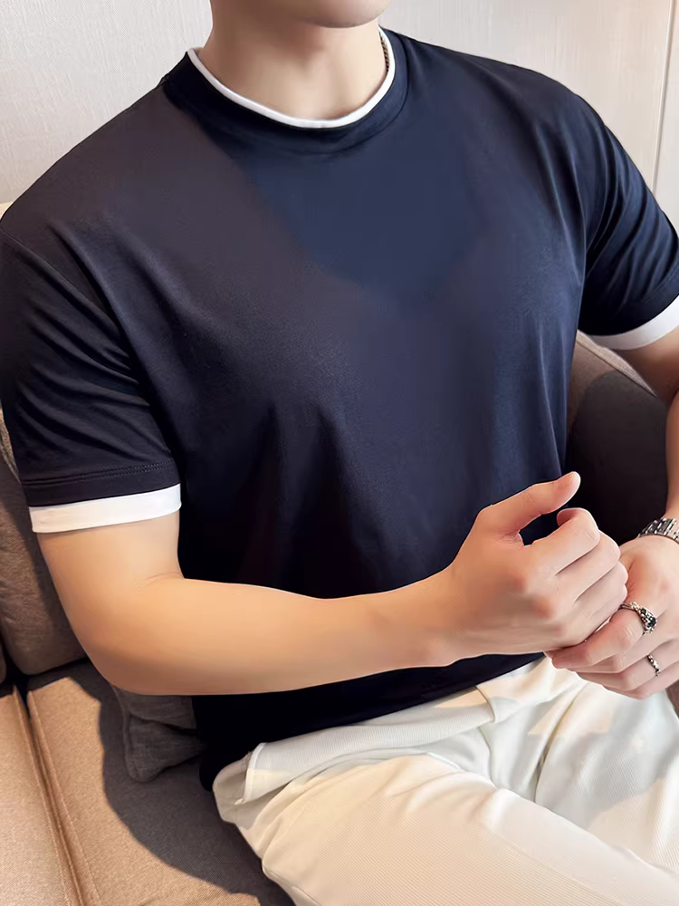 Áo thun nam ngắn tay giả hai mảnh bằng cotton Modal, xu hướng thời trang mùa hè mới, thoáng khí, giản dị, áo sơ mi ôm vừa vặn