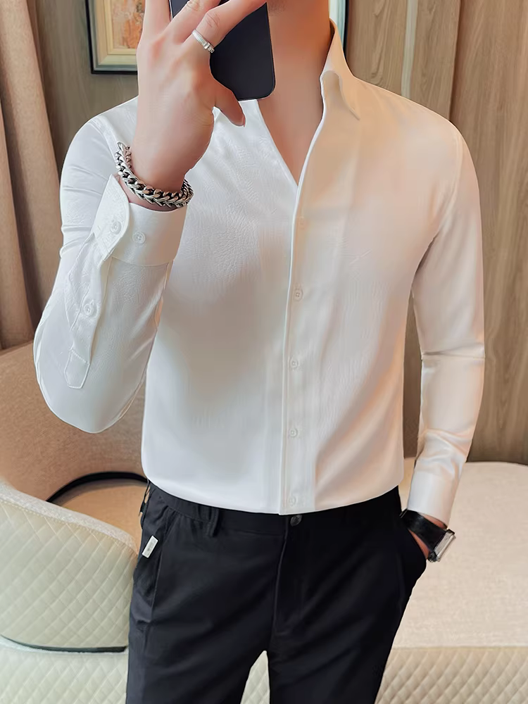 Áo sơ mi nam giả lụa bóng, dệt jacquard, tay dài, kiểu dáng thu mới, thiết kế cao cấp, kiểu dáng công sở lịch lãm ôm dáng