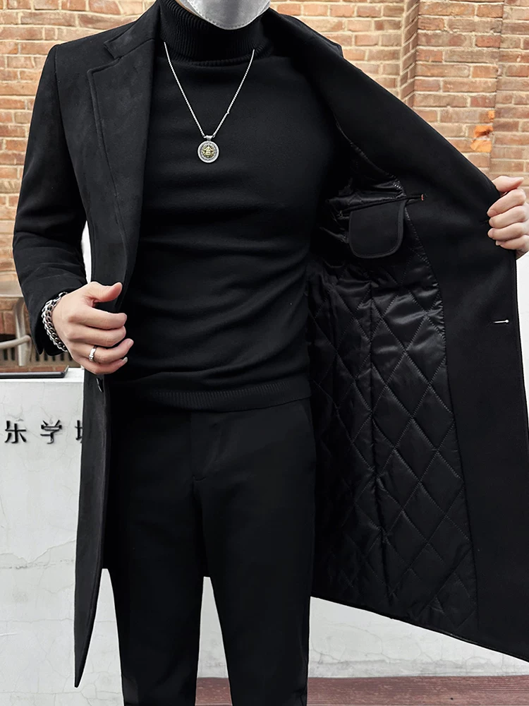 Áo khoác len da lộn cho nam, dài vừa phải, mùa đông, có đệm và dày dặn, áo khoác len cao cấp, hợp thời trang, đa năng.