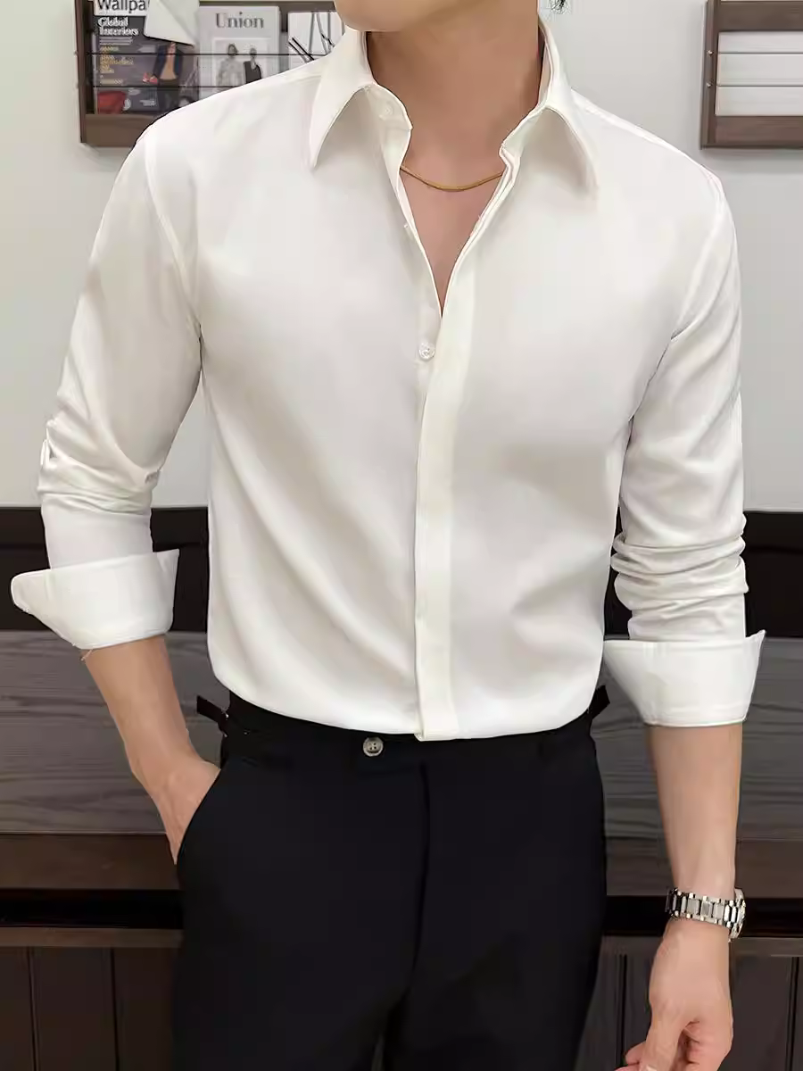 Áo sơ mi nam cổ nhọn kiểu Pháp, dài tay, lót lông cừu, dày dặn, hơi rộng, hợp thời trang, thời trang, lịch sự, áo sơ mi chống nhăn.