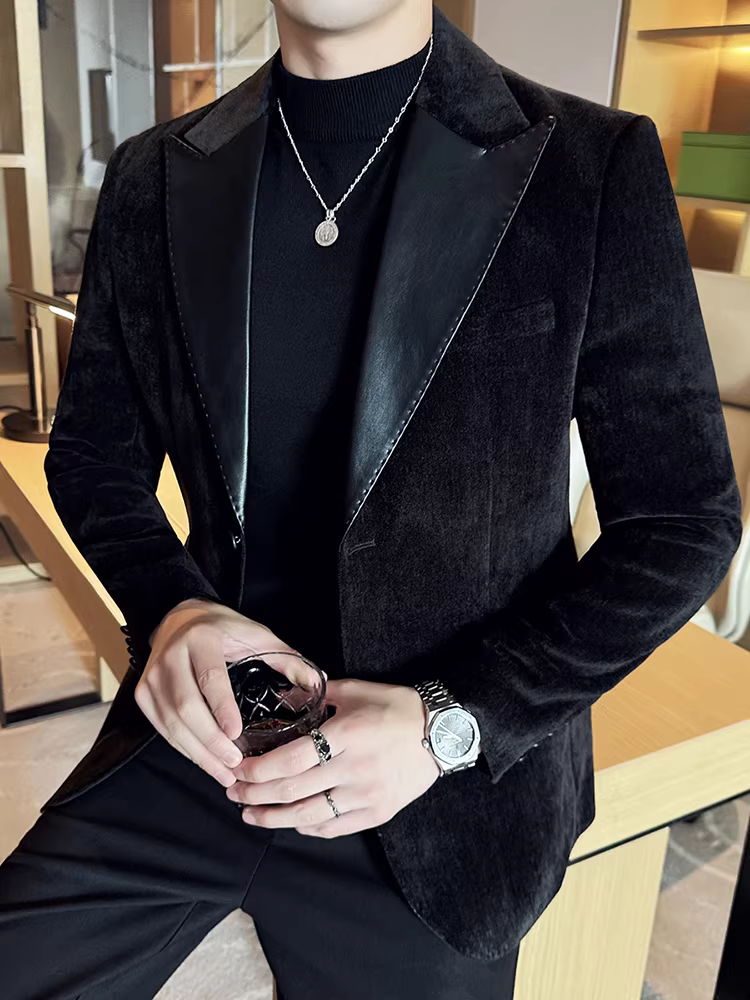 Áo khoác len chắp vá bằng da dành cho nam, phong cách thu đông mới, thời trang cao cấp, trang phục công sở thông thường, bộ đồ ôm vừa vặn