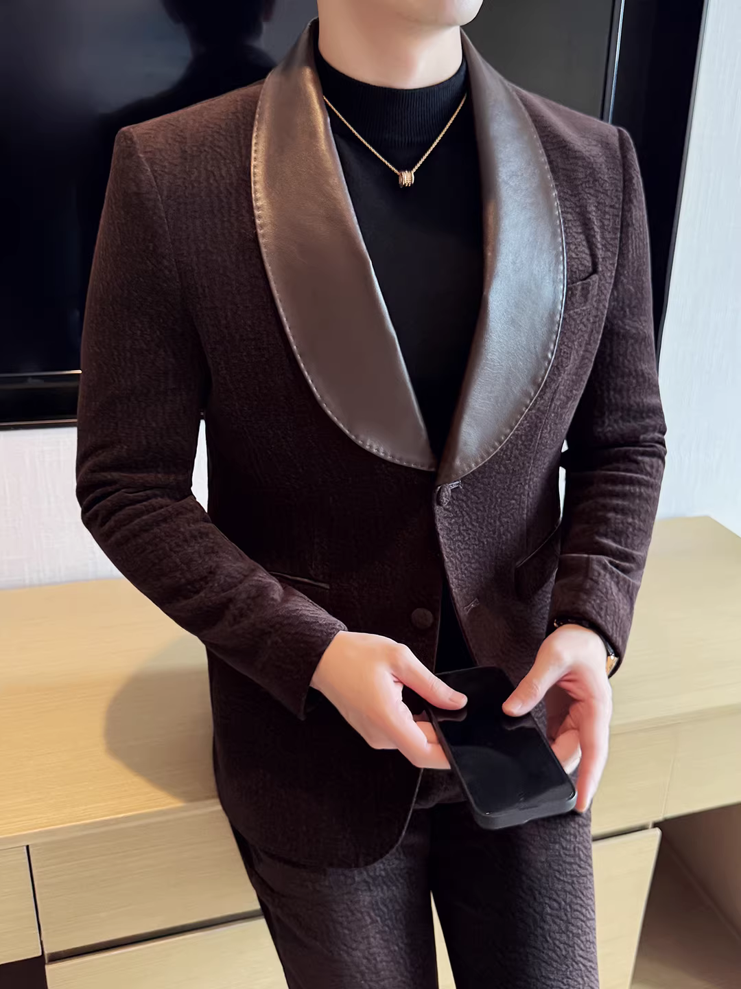 Bộ vest nam phối da màu xanh lá, kiểu dáng mới thu đông, dành cho dạ hội, công sở, kiểu dáng ôm sát, gồm hai mảnh