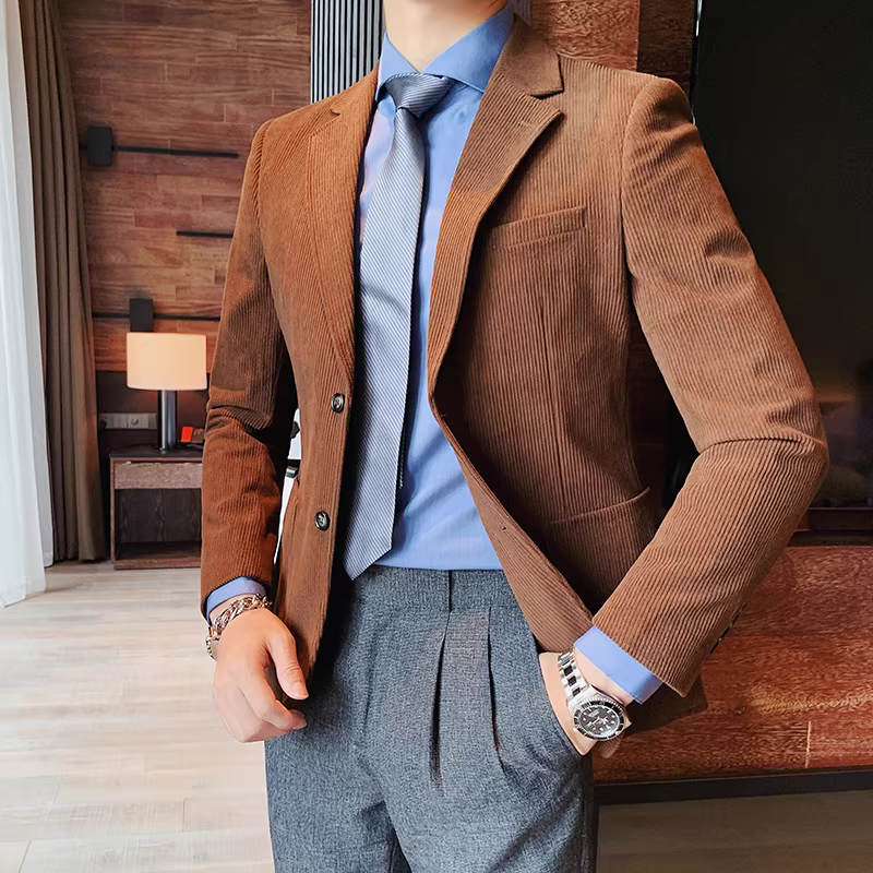 Áo blazer nam chất liệu corduroy, mùa thu đông, dày dặn, thời trang, hợp xu hướng, kiểu dáng sọc cá tính, dáng ôm, đơn hàng khuy.