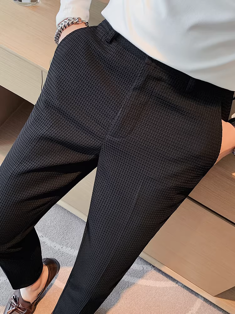 Quần âu nam kiểu waffle, quần dài mỏng, quần vest công sở, dáng ôm, không cần là, quần vest cao cấp.