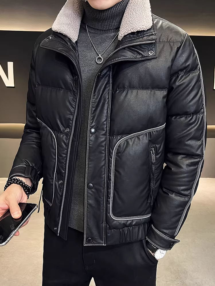 Áo khoác da nam cổ lông cừu mùa đông mới cao cấp thời trang hợp thời trang ngắn dày áo khoác ấm áp