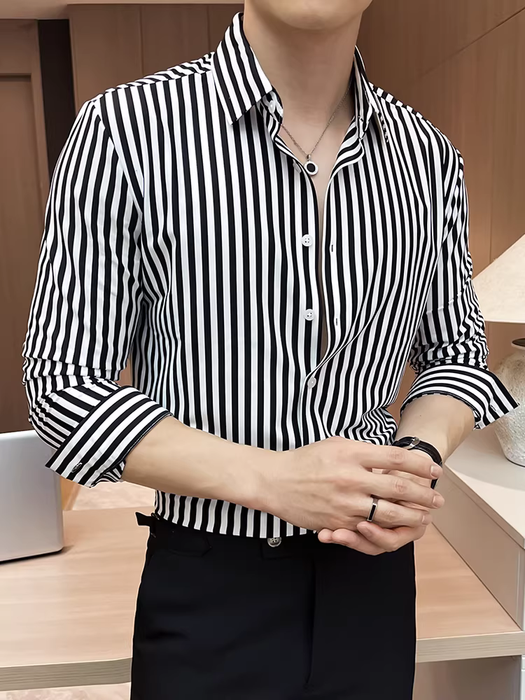 Áo sơ mi kẻ sọc nam, tay dài, thời trang thu đông 2025, kiểu dáng ôm body, lịch sự, đa năng, dễ chăm sóc